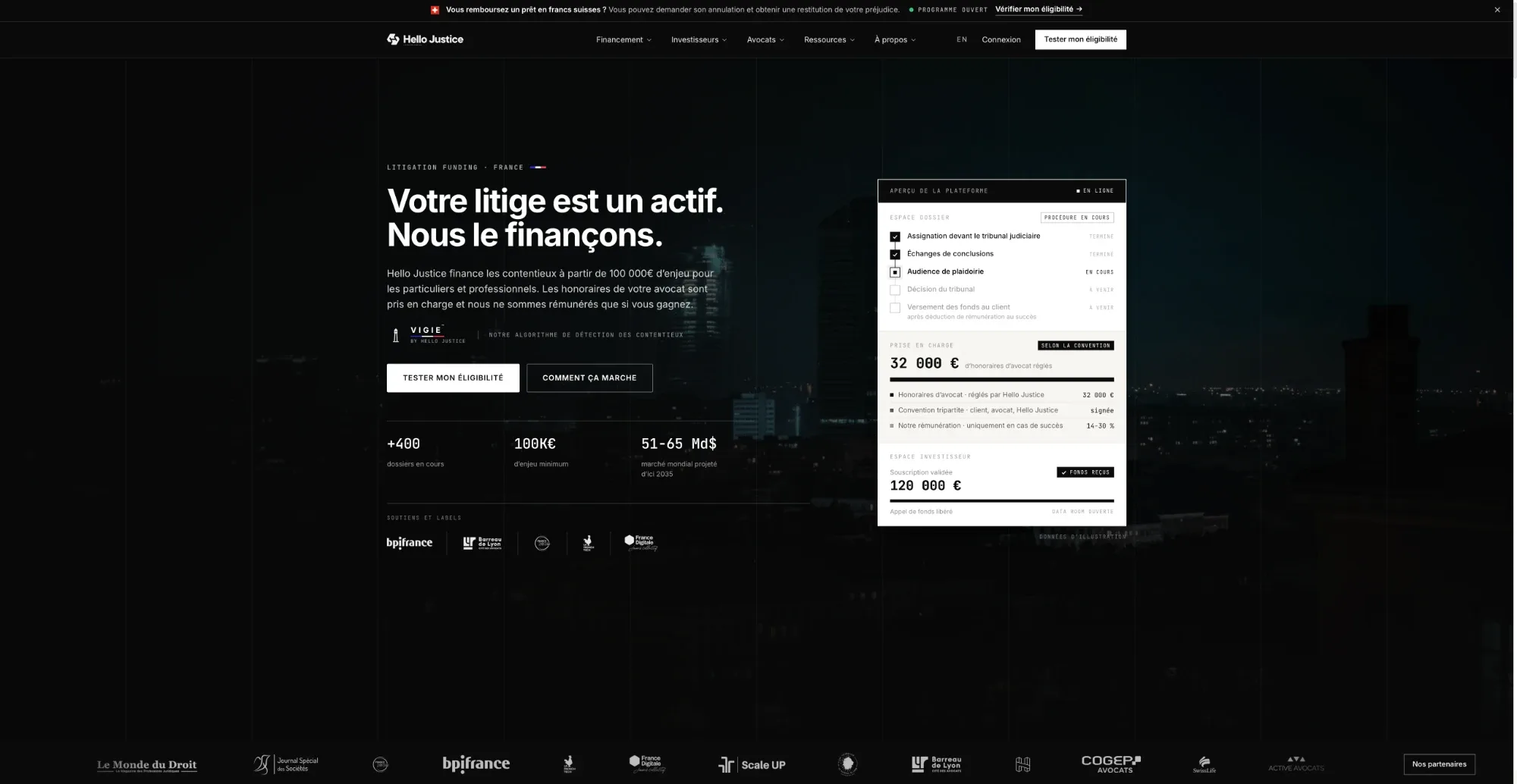 Hello Justice : page d'accueil de la plateforme de financement de contentieux